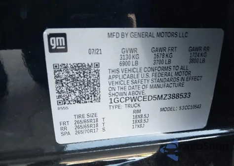 2021 Chevrolet Silverado 2Wd Short Bed Lt z USA, uszkodzony, nr VIN 1GCPWCED5MZ388533